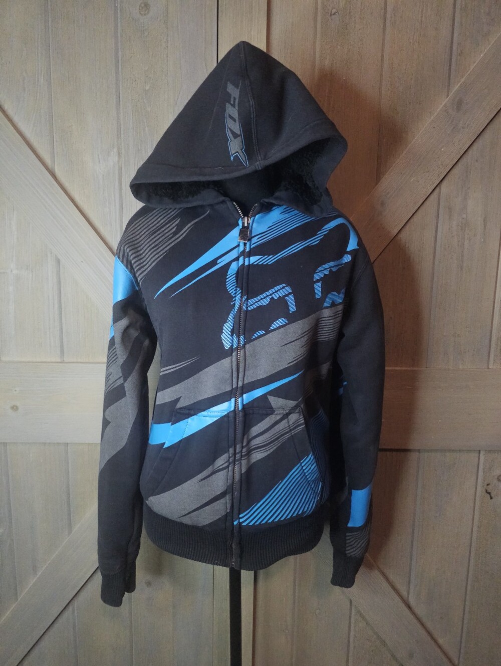 Y2k Fox Racing Lined Black Blue Graphic Hoodie sz Small